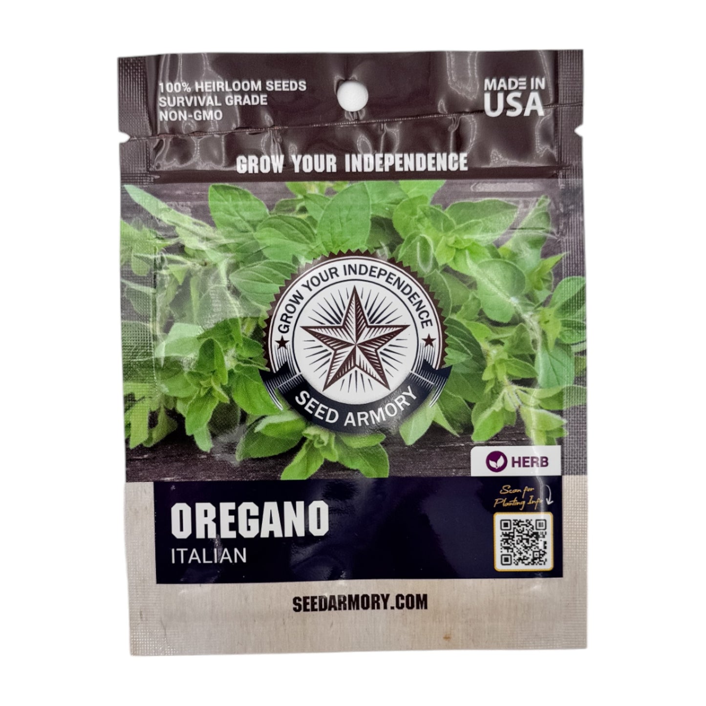 Front packet of Heirloom Italian Oregano seeds on a white backdrop