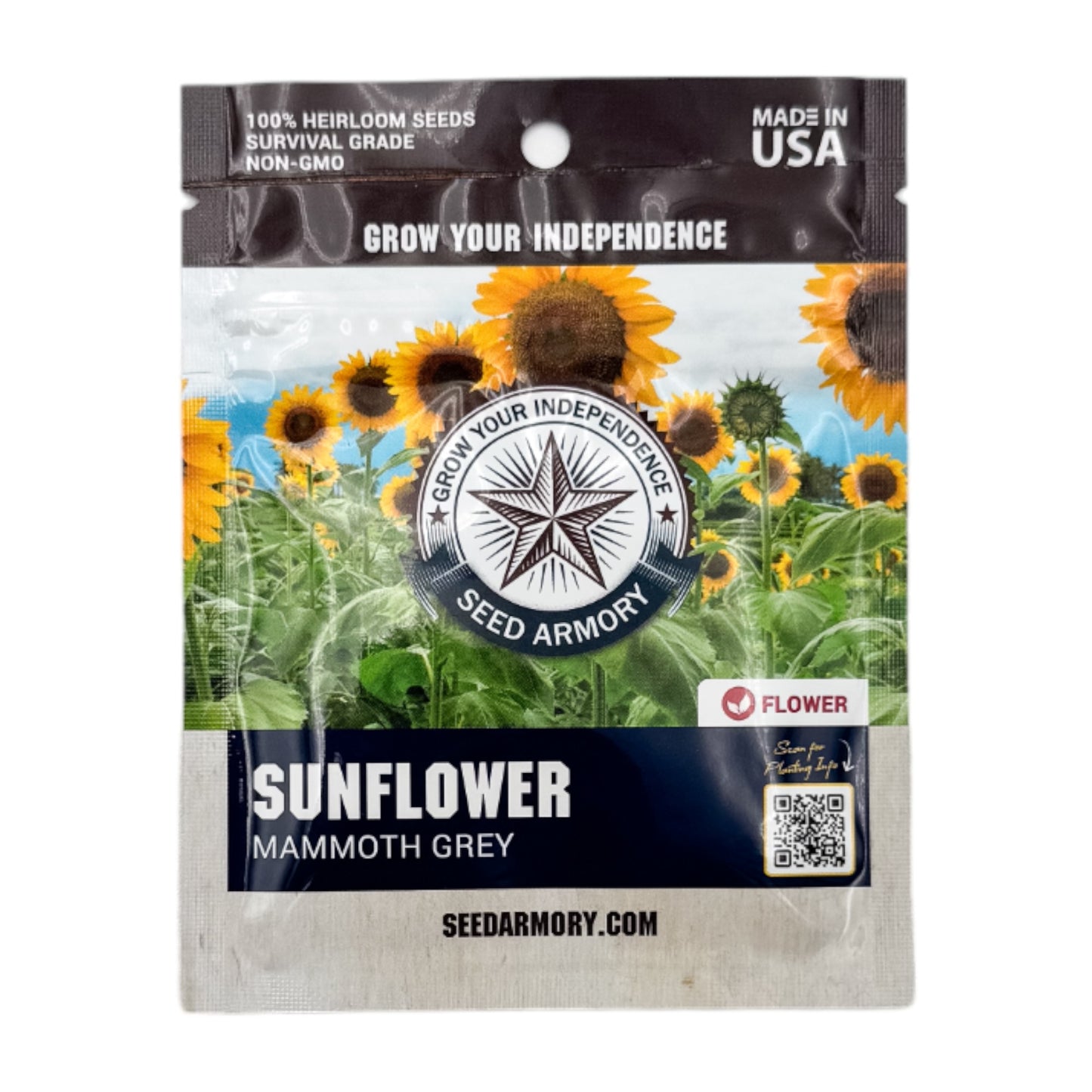Front packet of Mammoth Grey sunflower heirloom seeds