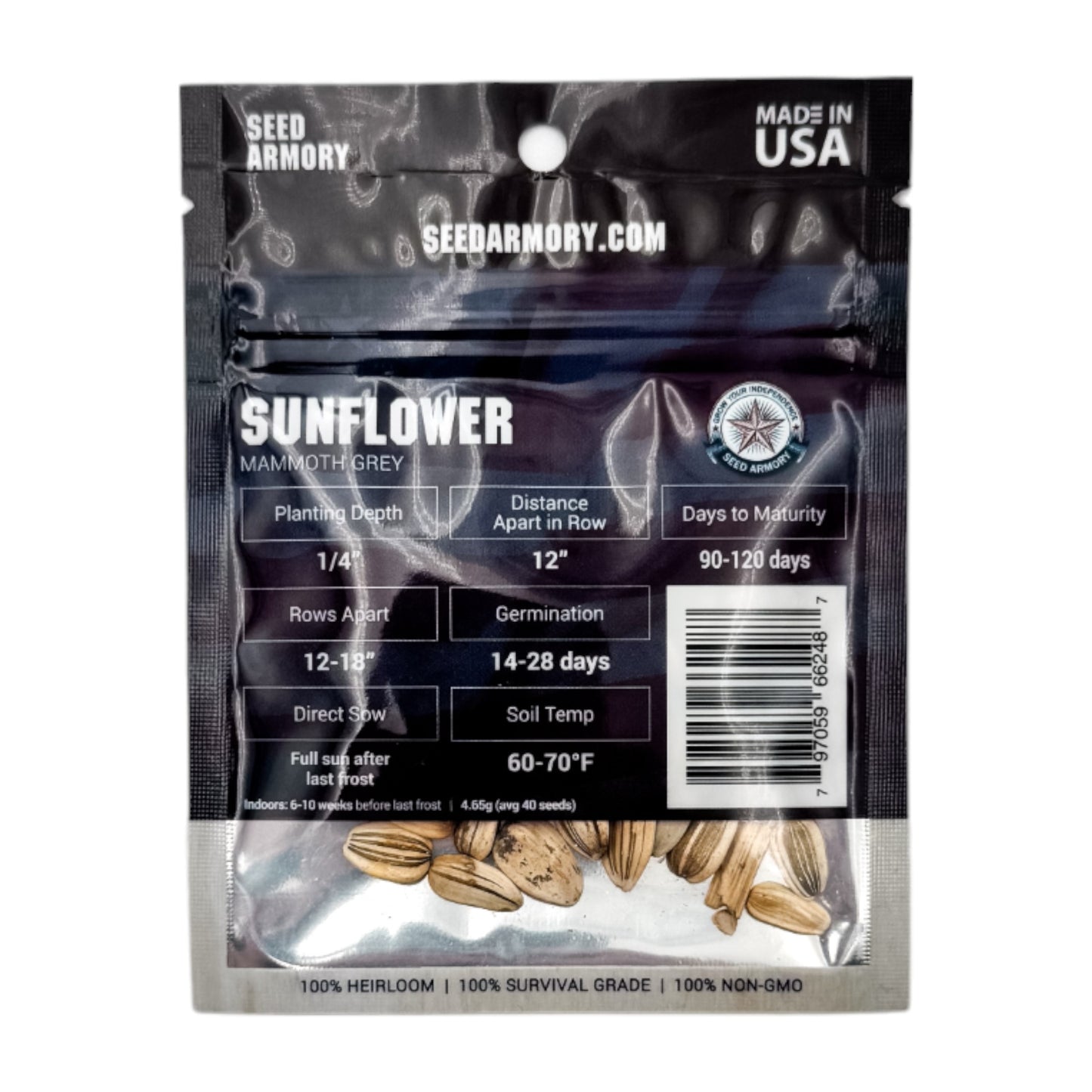 Reverse packet of Mammoth Grey sunflower heirloom seeds with planting instructions