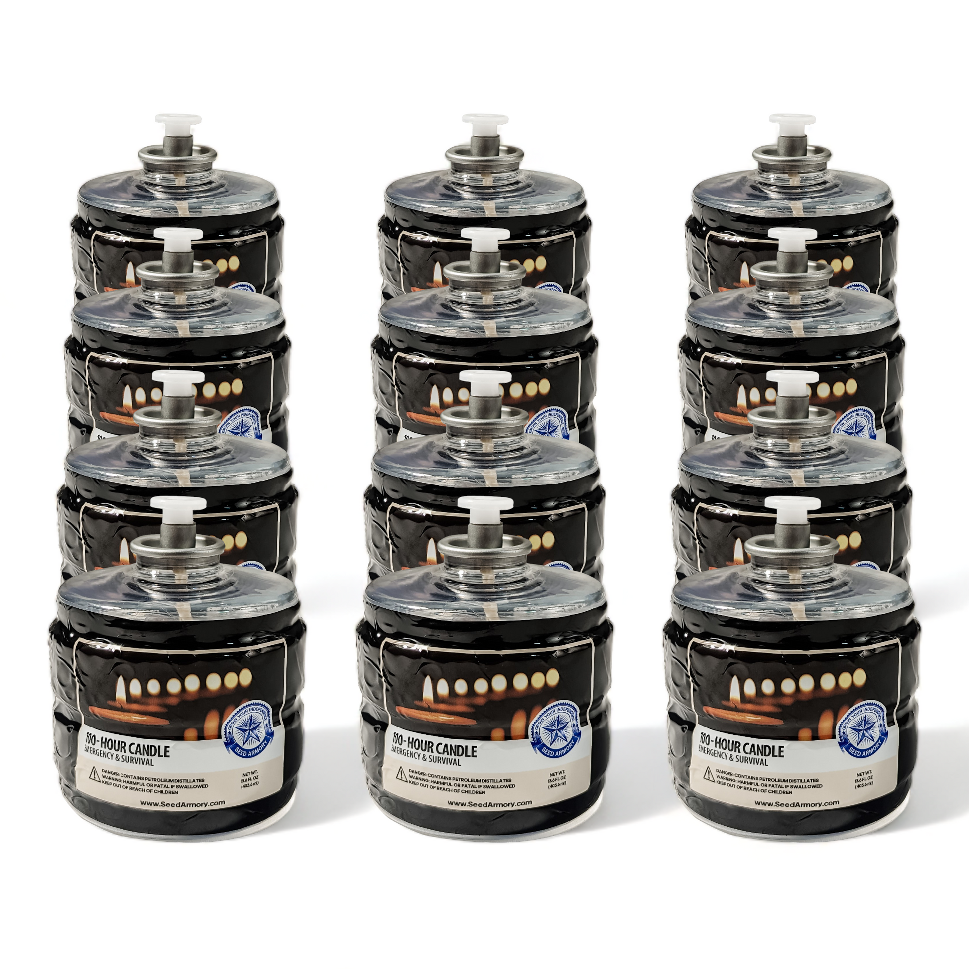 Multipack of smokeless emergency candles with white labels and black lids