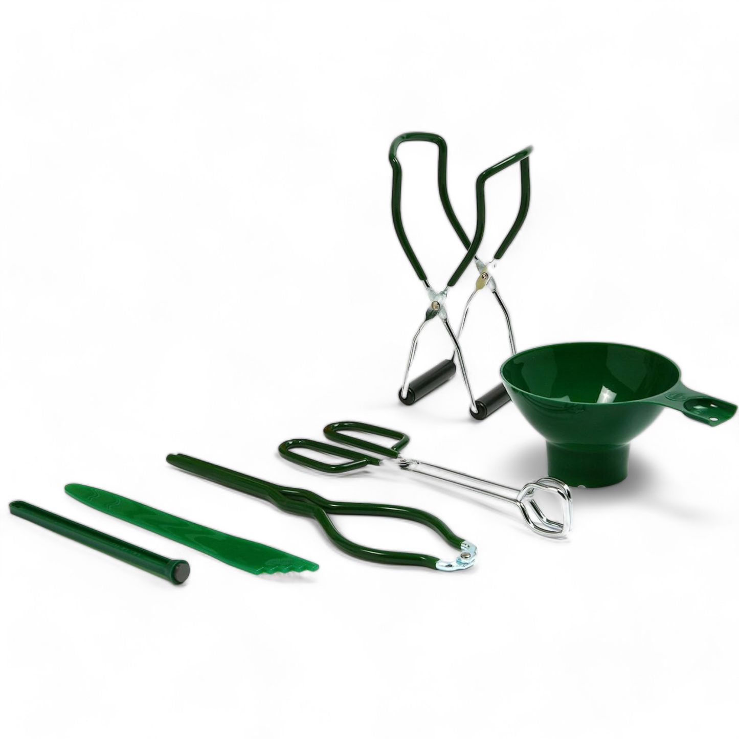 Complete 6-piece set for canning with green utensils including a ladle and tongs