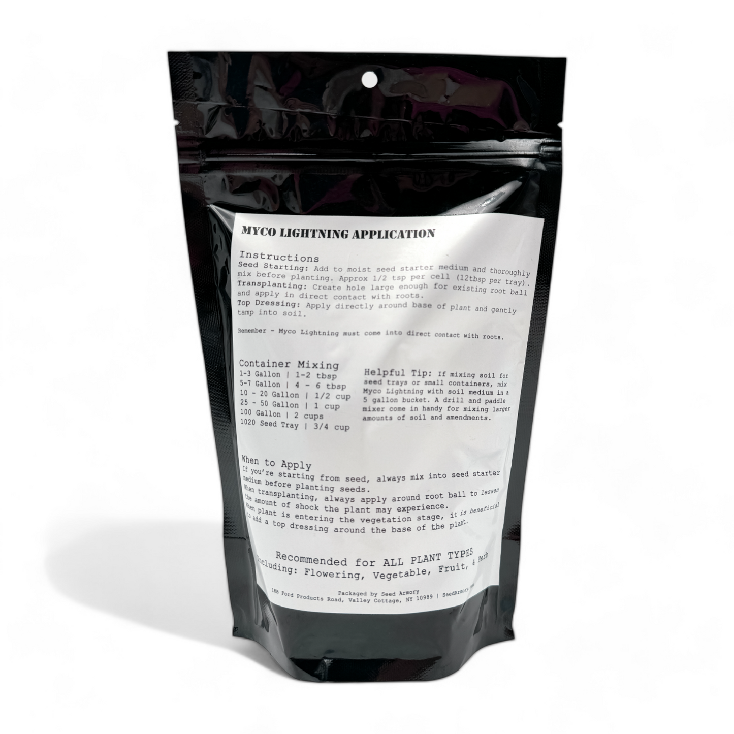 Reverese package of Azomite nutrient-rich powder with appliaction instructions