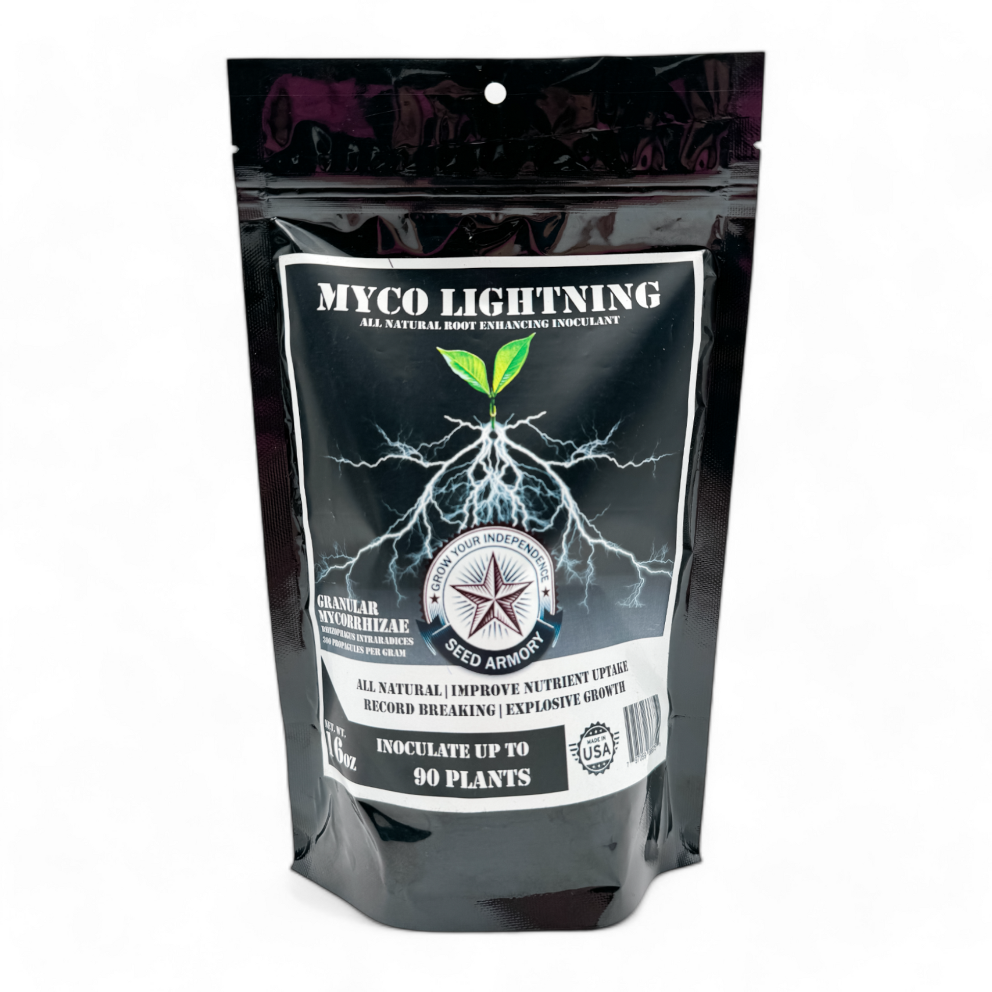 Front packet view of Myco Lightning soil amendment product label