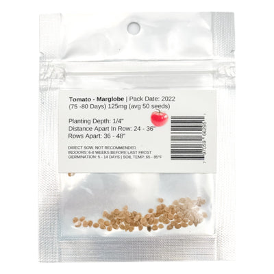 Reverse packet of Marglobe tomato heirloom seeds with planting instructions