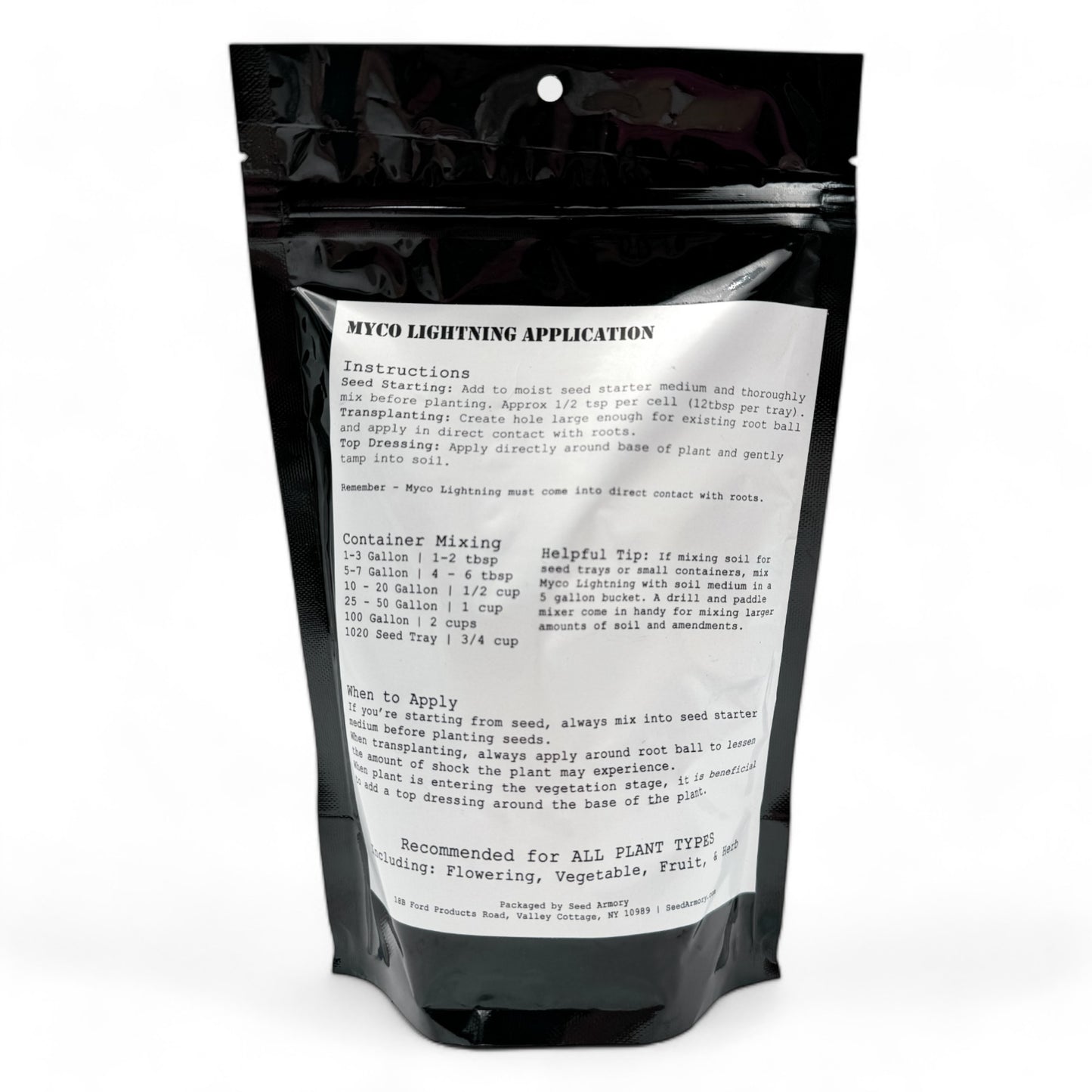 Reverse package of Myco Lightning plant nutrient powder with instructions