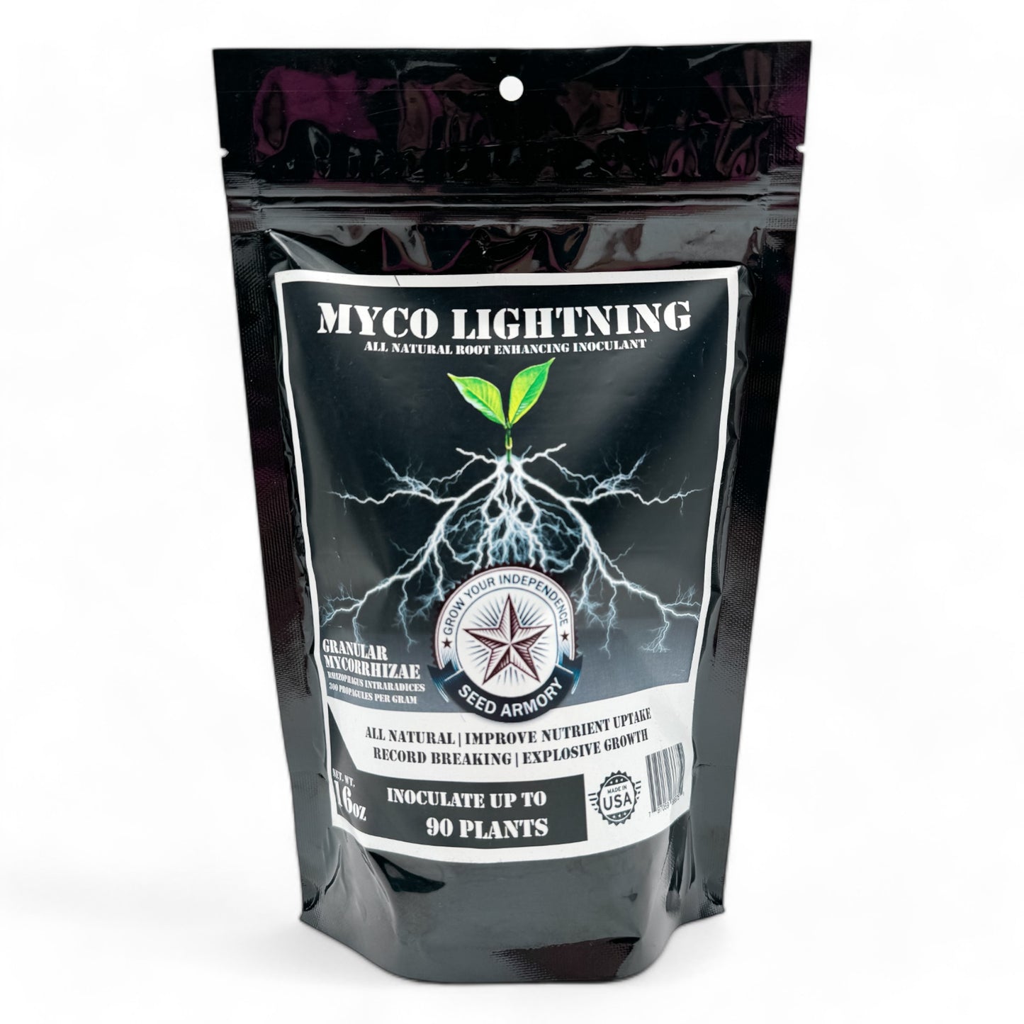Front package of Myco Lightning plant nutrients pest repellent with branded label
