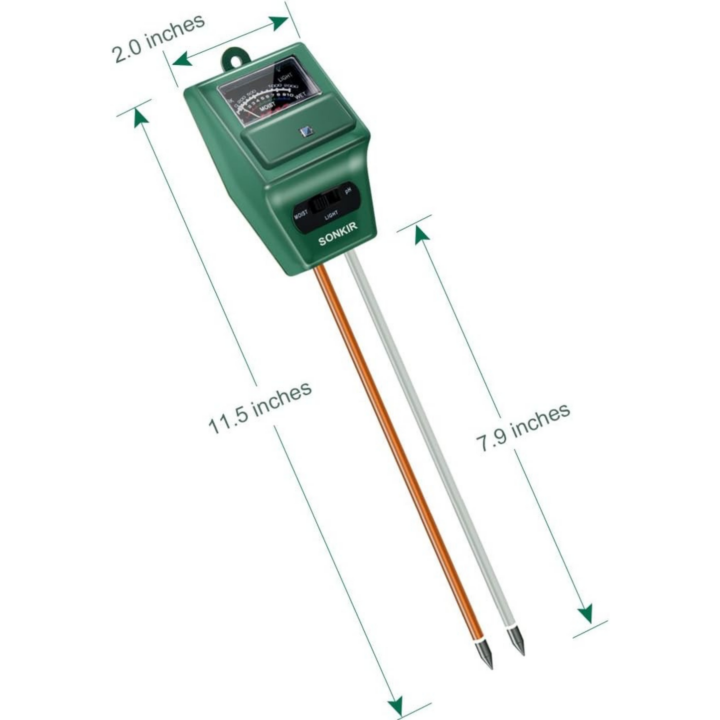 Close-up of the pH meter dimensions including length and height as well as moisture tester probe length