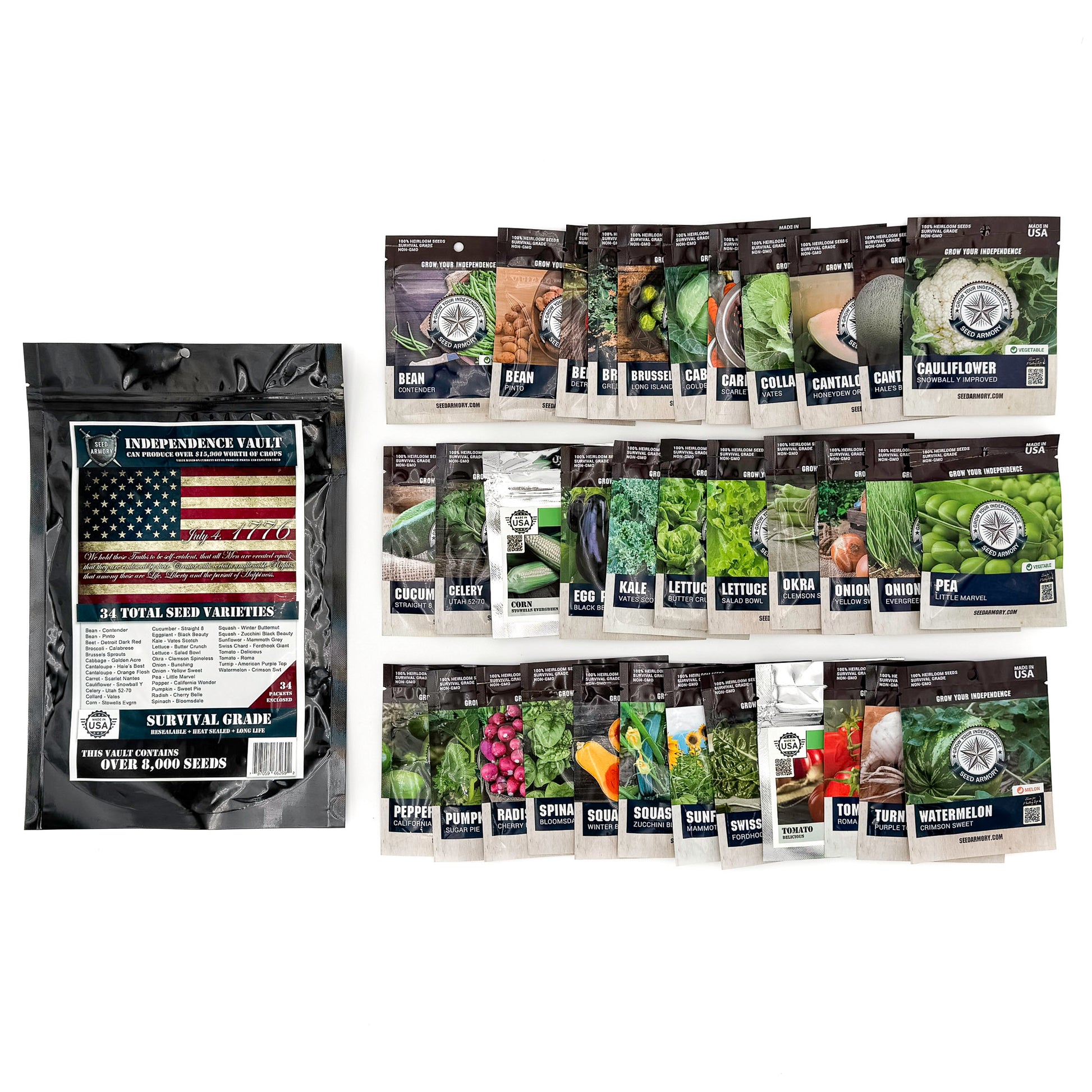 A variety of 34 vegetable seed packets in packets from the Independence Super Kit Seed Vault