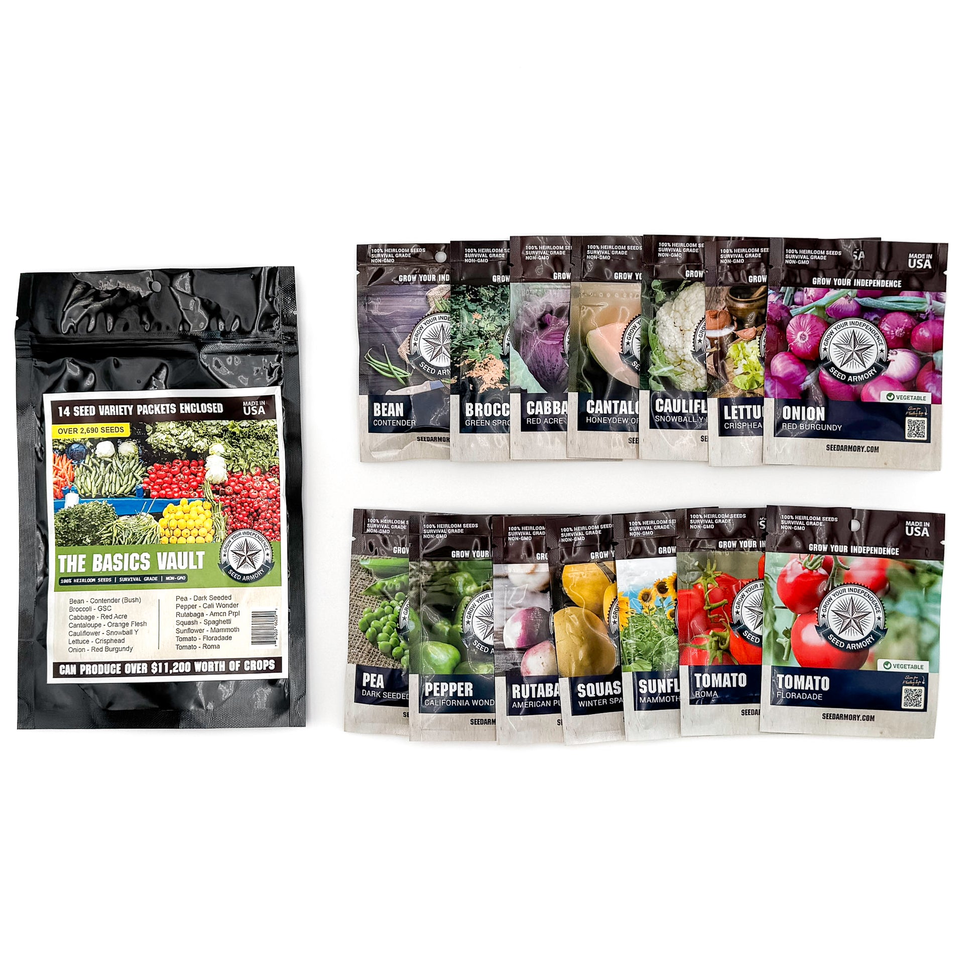 Complete set of 14 heirloom vegetable seed packets in the The Basics Seed Vault