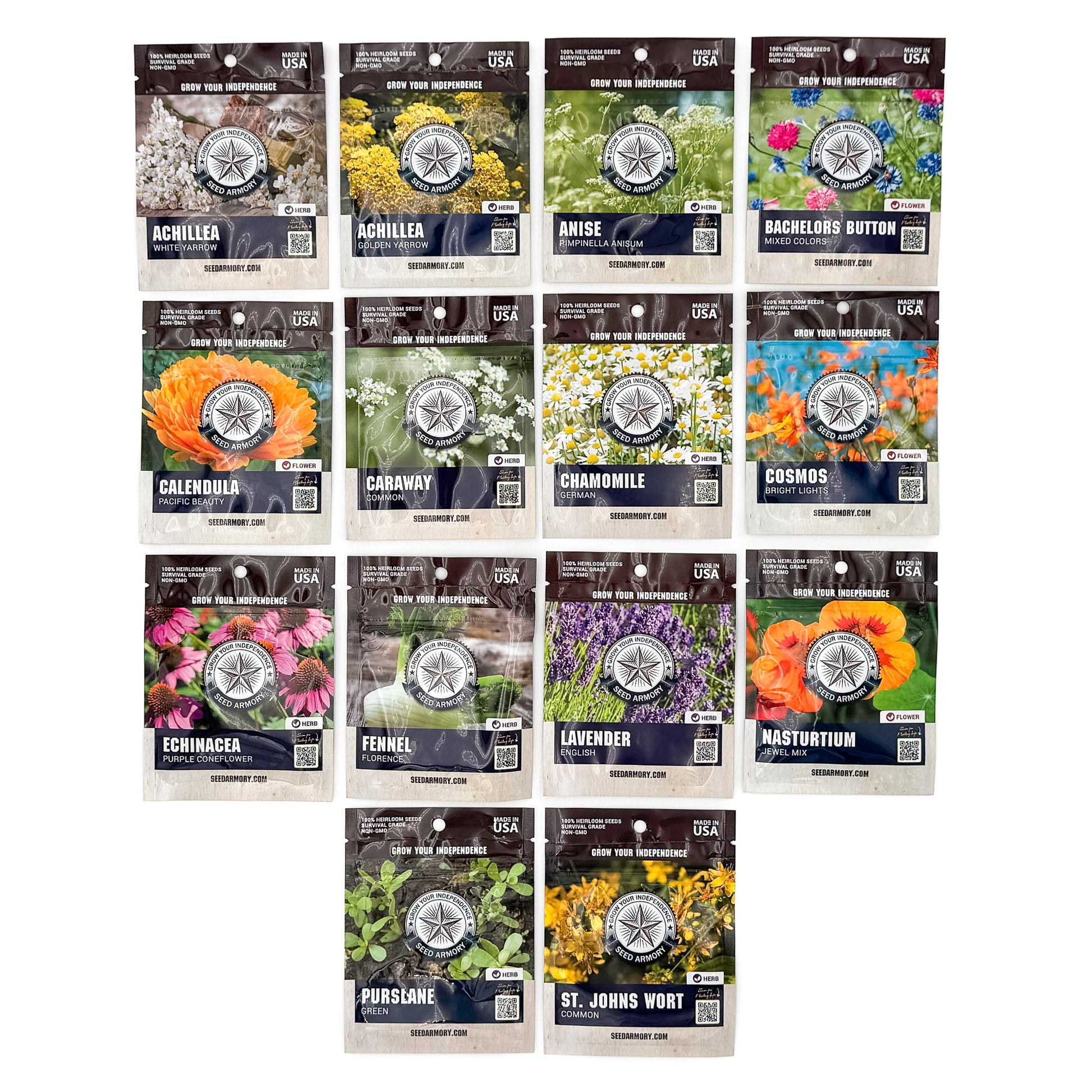 View of the 14 seed packets included in the Medicinal Survival Seed Vault