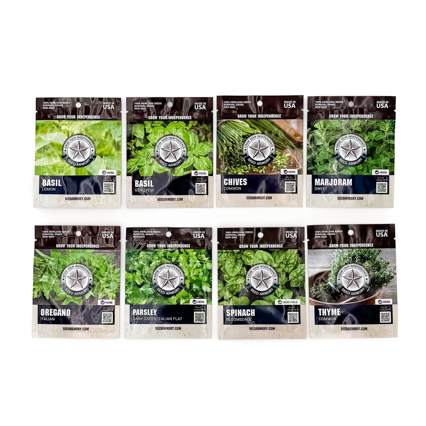 Collection of eight heirloom herb seed varieties in labeled packets from the Winter Windowsill Vault