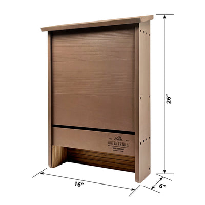 Outer Trails™ 3 chamber bat house with dimensions displayed to show size