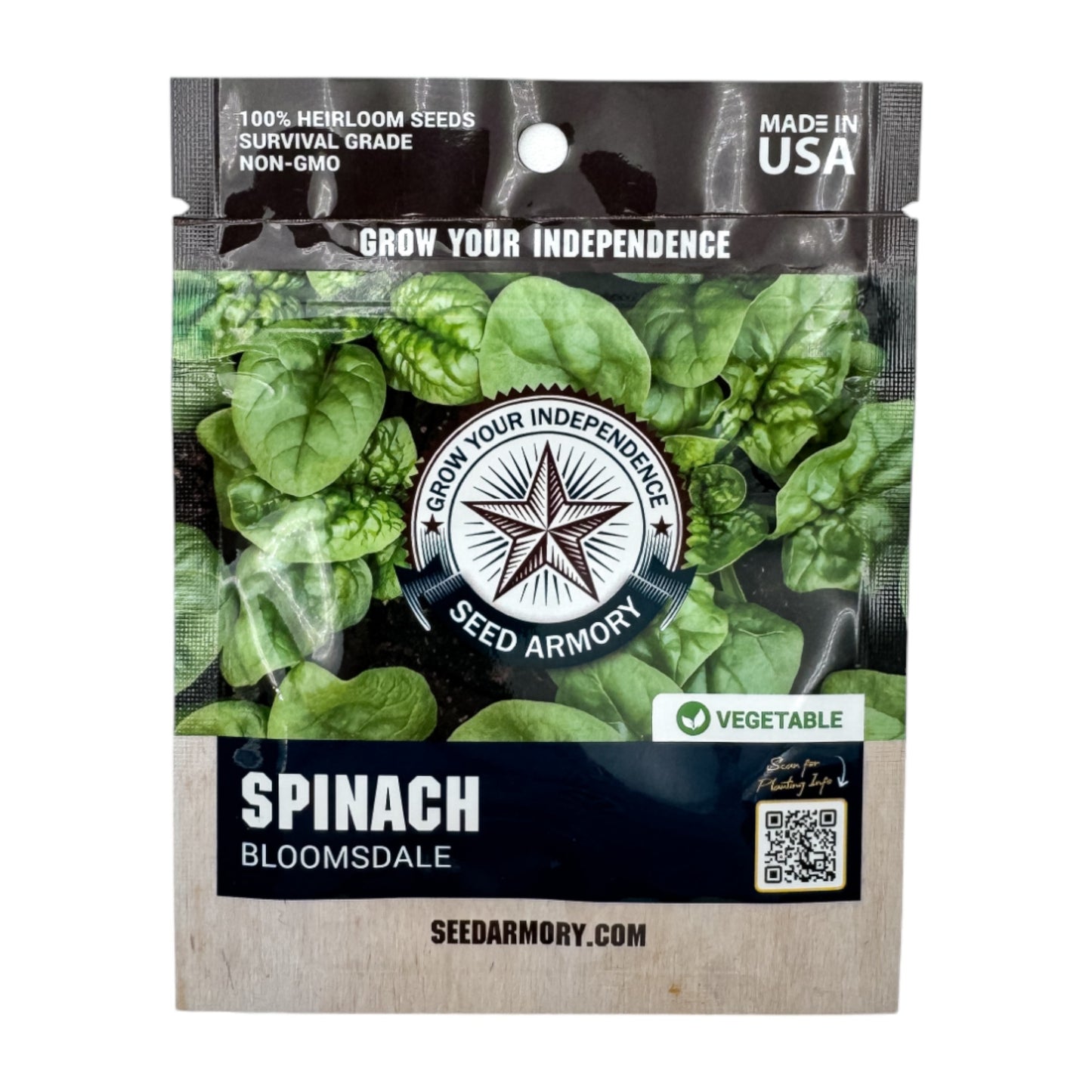 Front packet of Bloomsdale spinach heirloom seeds