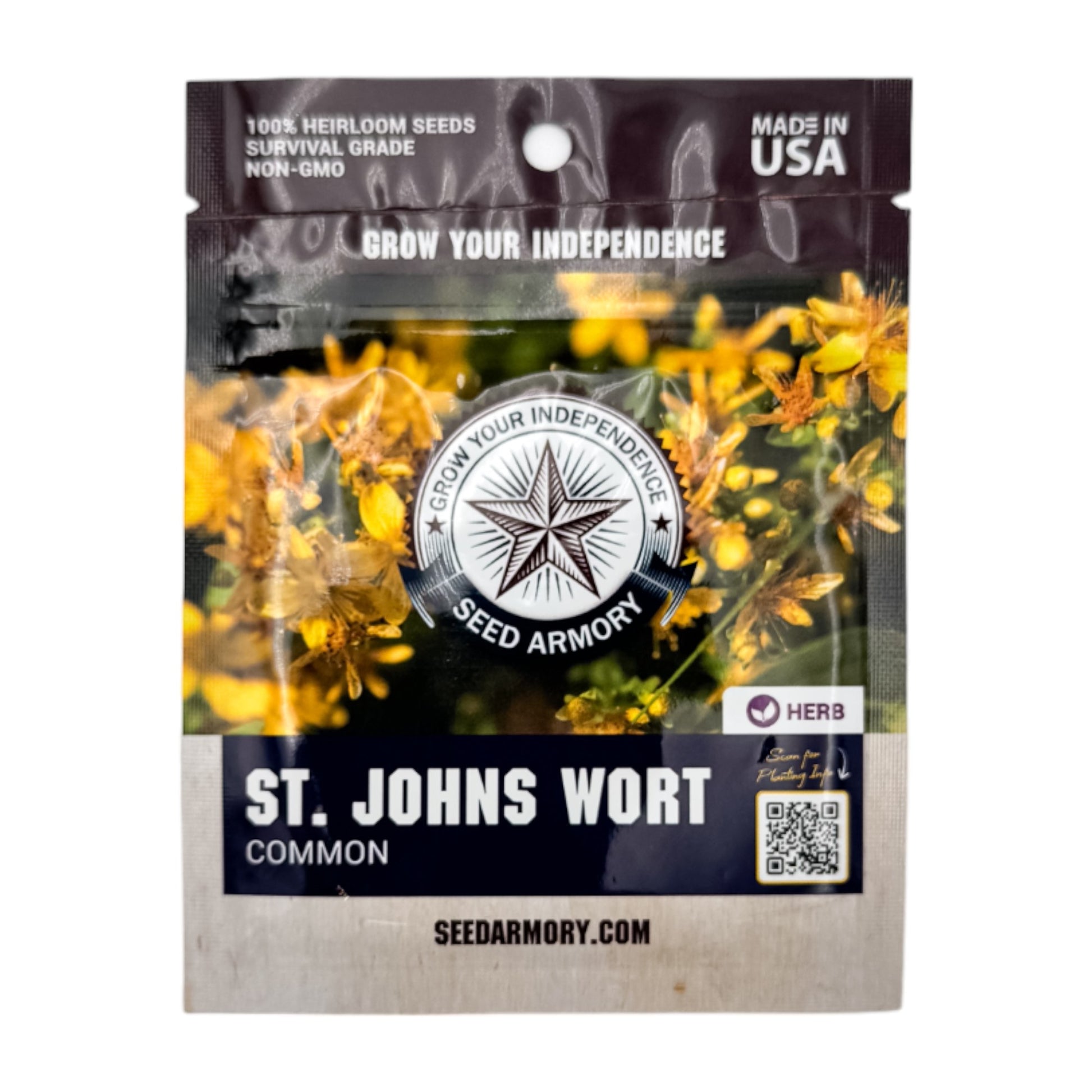 Front packet of St. Johns Wort common herbs heirloom seeds