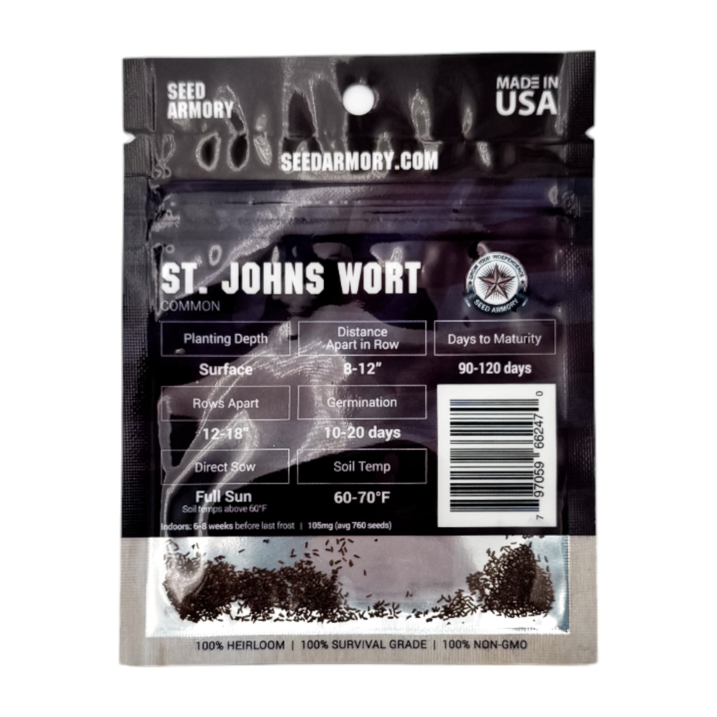 Reverse packet of St. Johns Wort heirloom seeds with gardening instructions