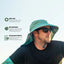 Male model showcasing the Farmers Defense sun hat with a green tropical pattern and sun protection features