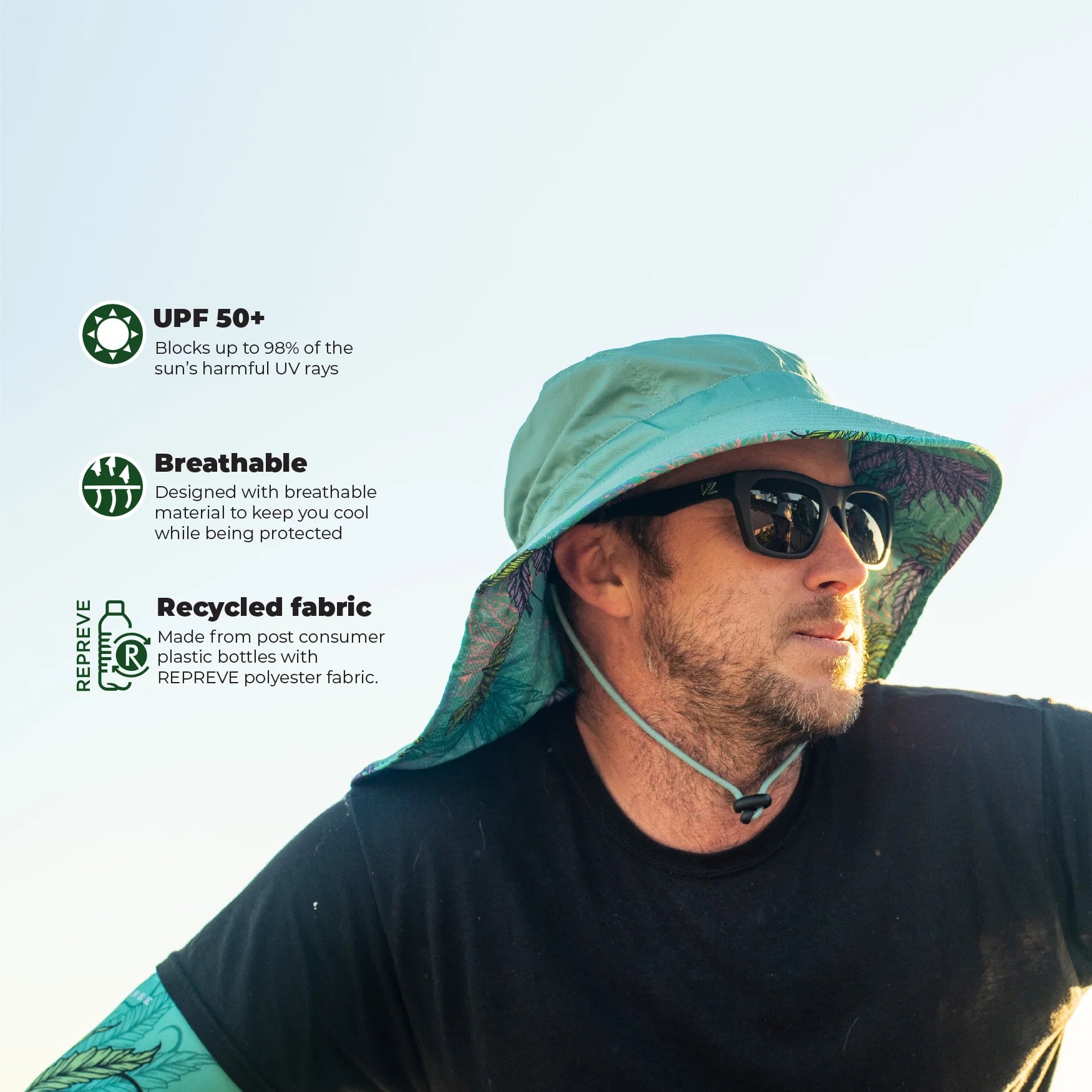 Male model showcasing the Farmers Defense sun hat with a green tropical pattern and sun protection features