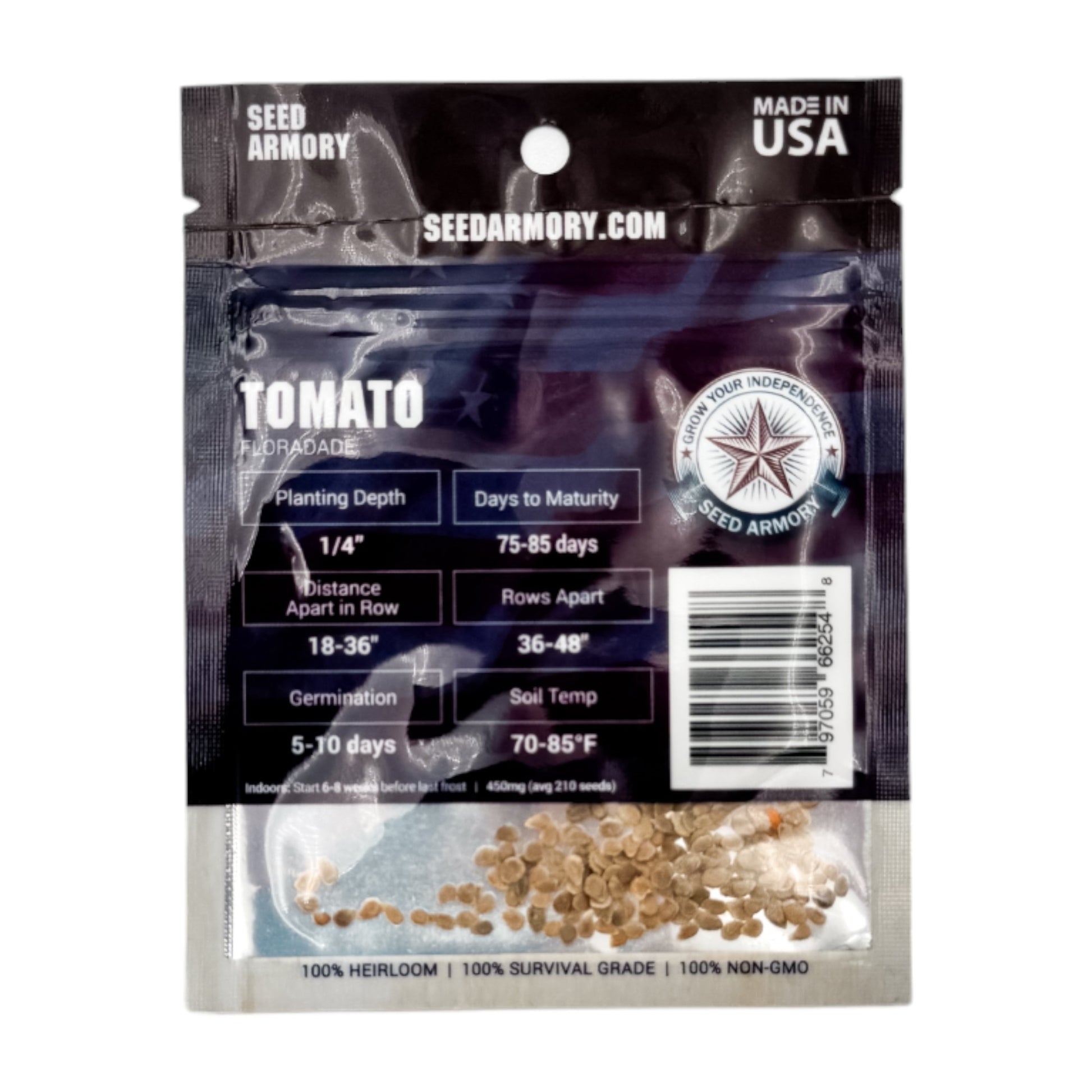 Reverse packet of Floradade Tomato Heirloom Seeds with planting instructions