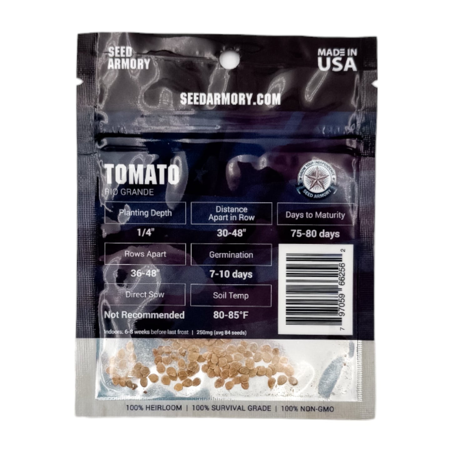 Reverse packet of Rio Grande tomato heirloom seeds with planting instructionst