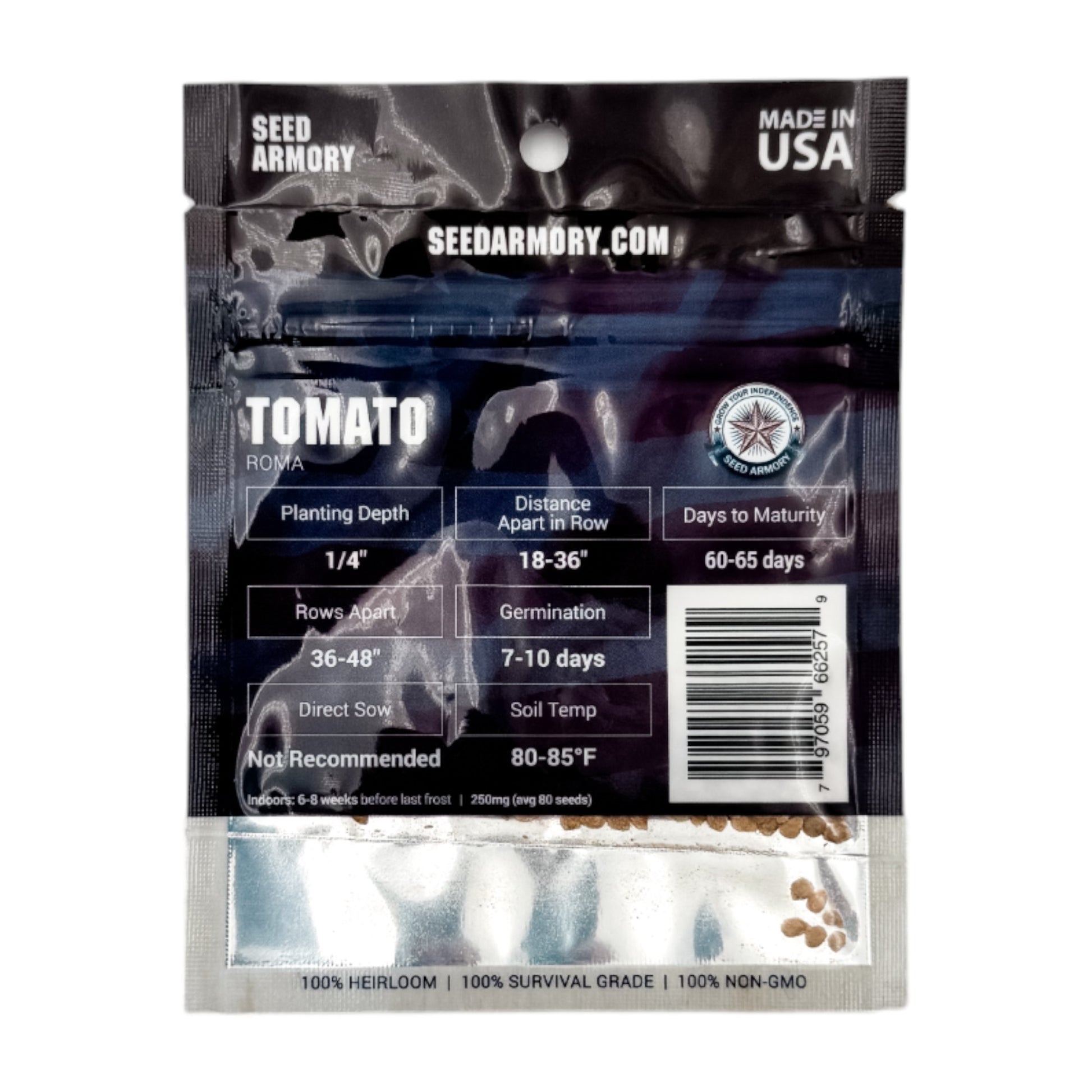 Reverse mylar packet of Roma tomato heirloom seeds with planting instructions