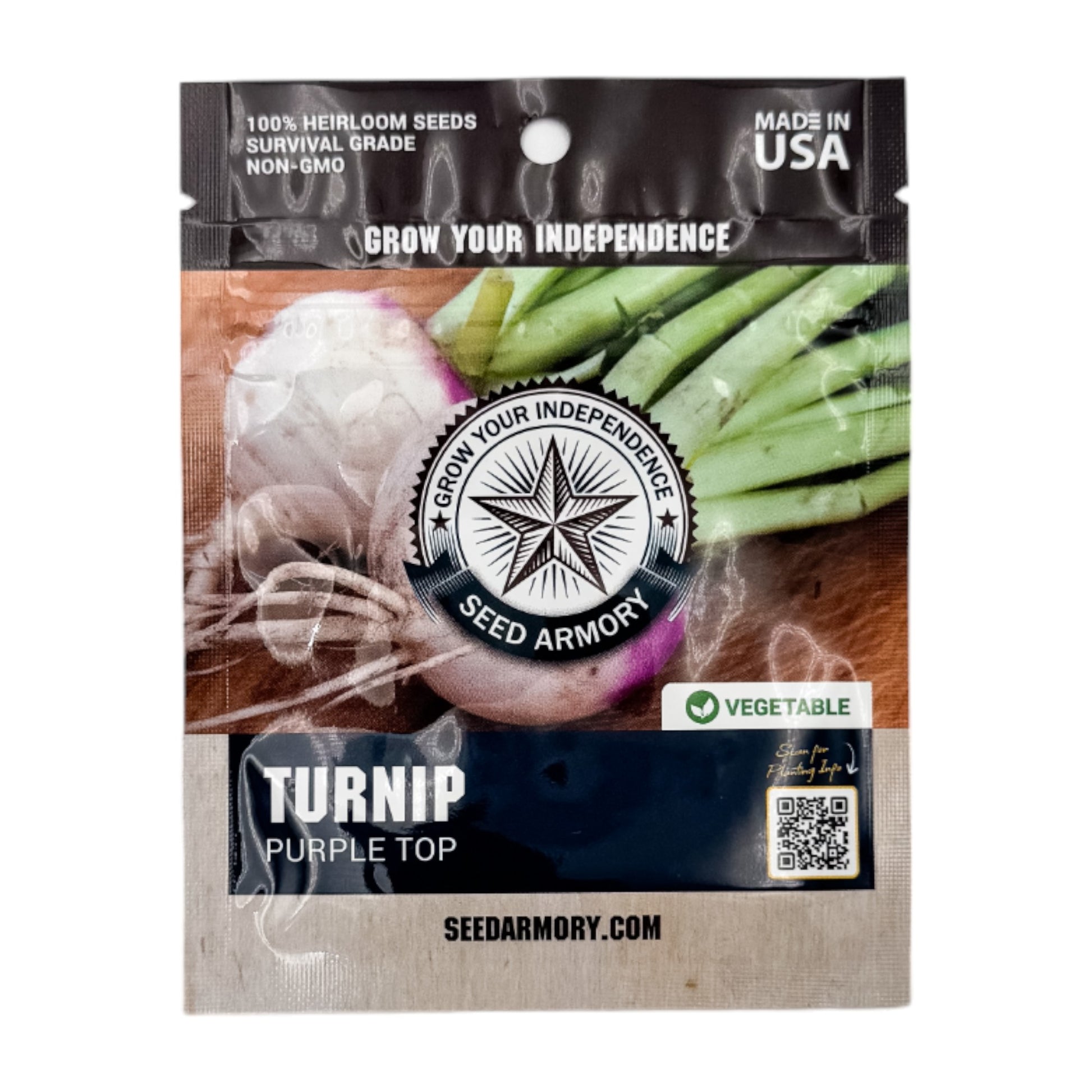 Front packet of Purple Top heirloom turnip seeds