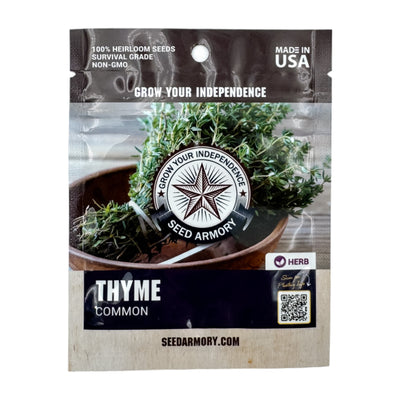 Front packet of Thyme Heirloom Seeds labeled 'Common'
