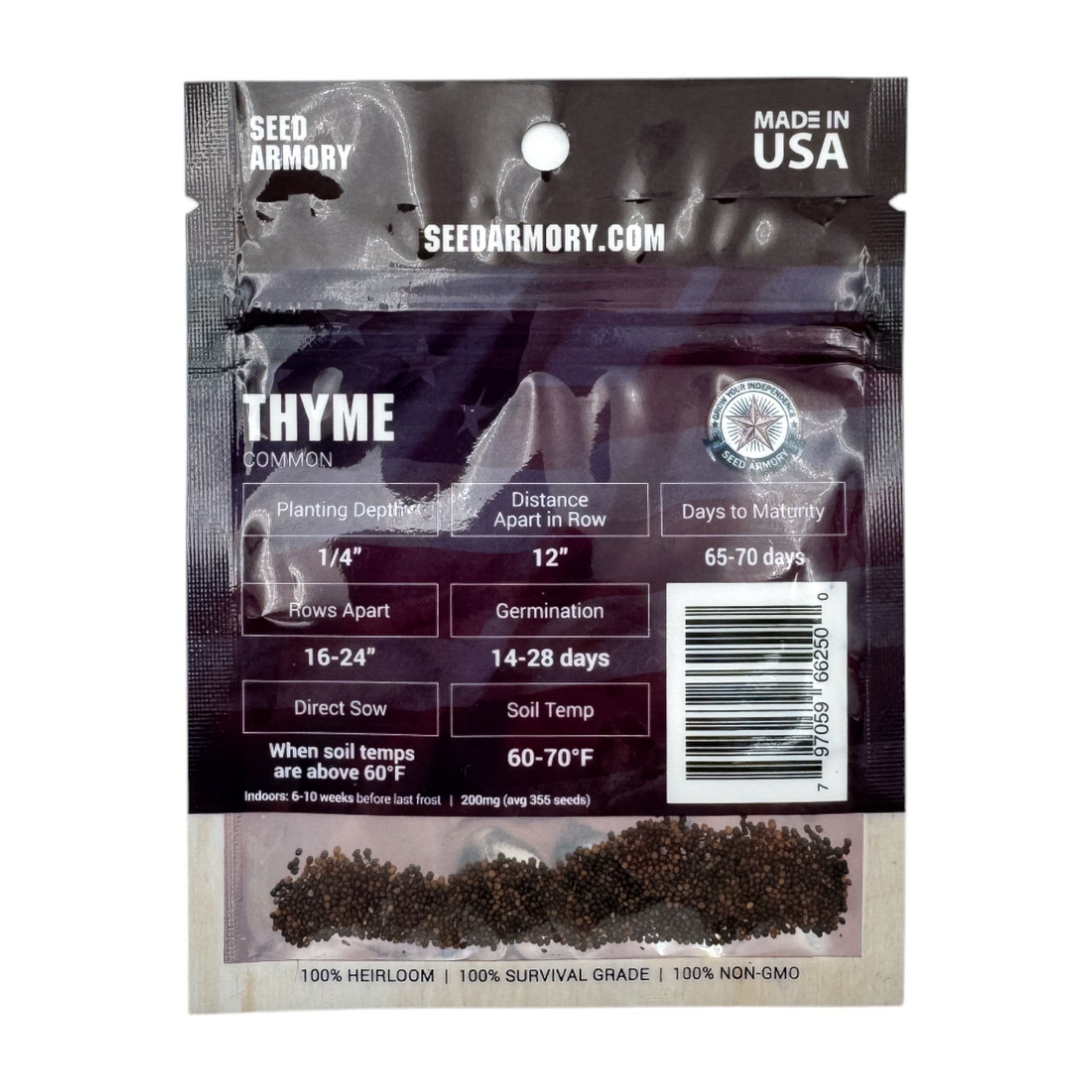 Reverse packet of Common Thyme Heirloom Seeds with planting instructions