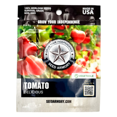 Front packet of 'Delicious' Heirloom Tomato Seeds