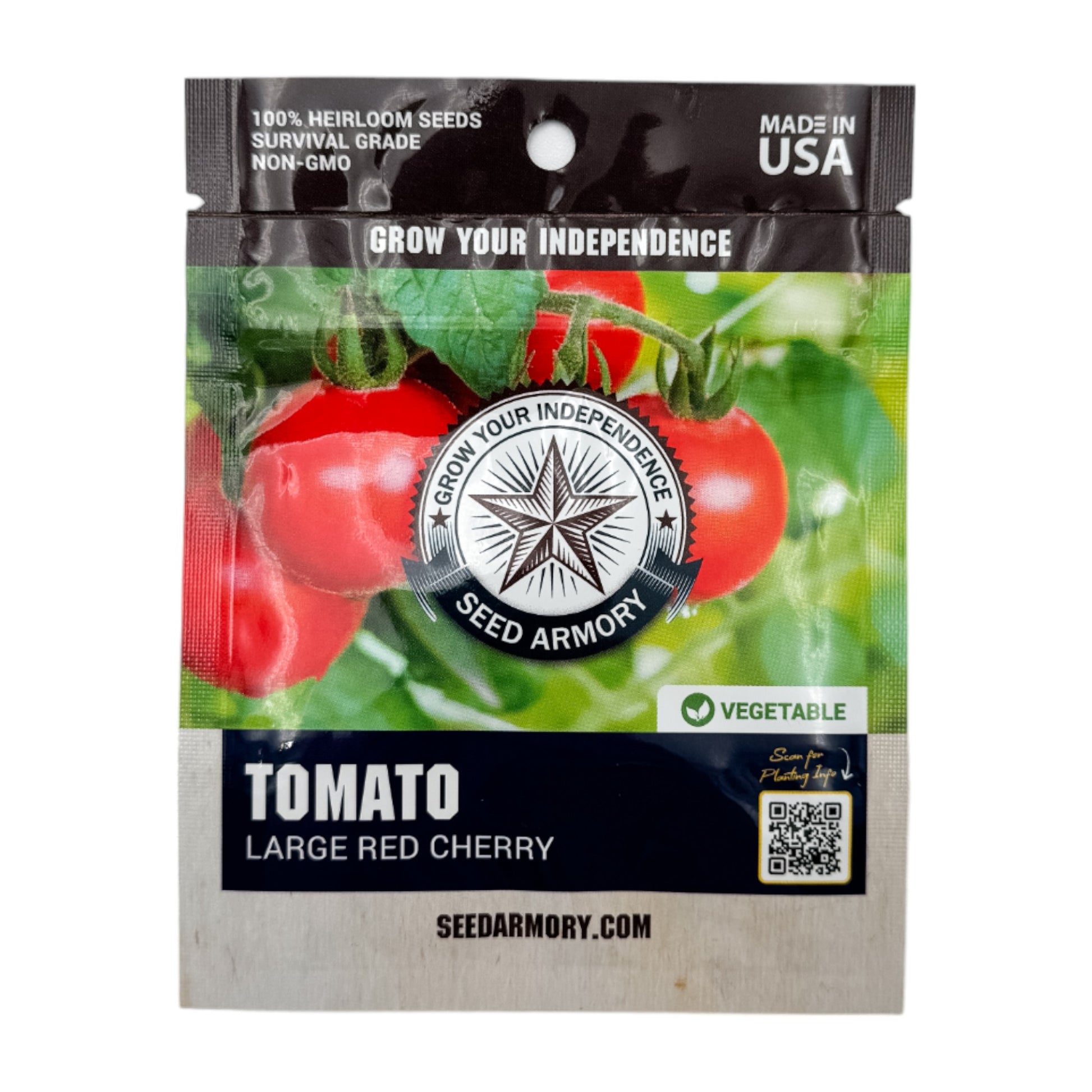 Front packet of Large Red Cherry Heirloom Tomato seeds