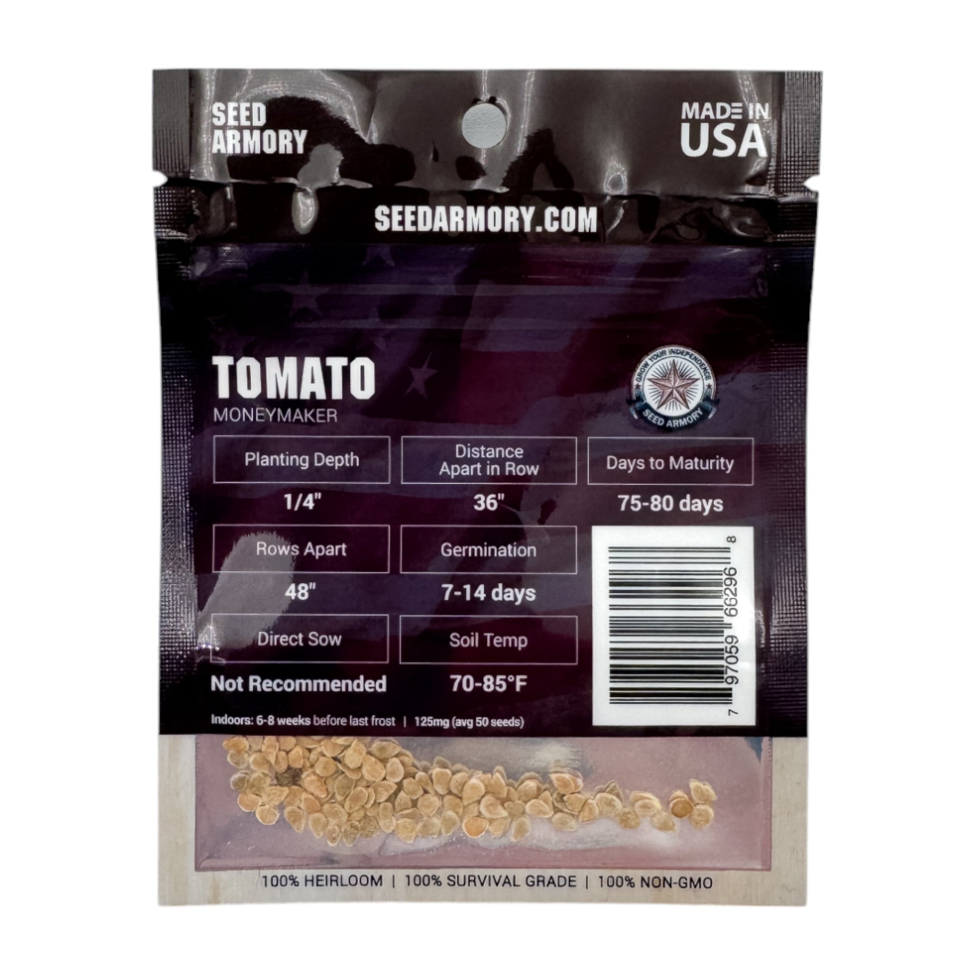 Reverse packet of Moneymaker Heirloom Tomato Seeds with planting instructions