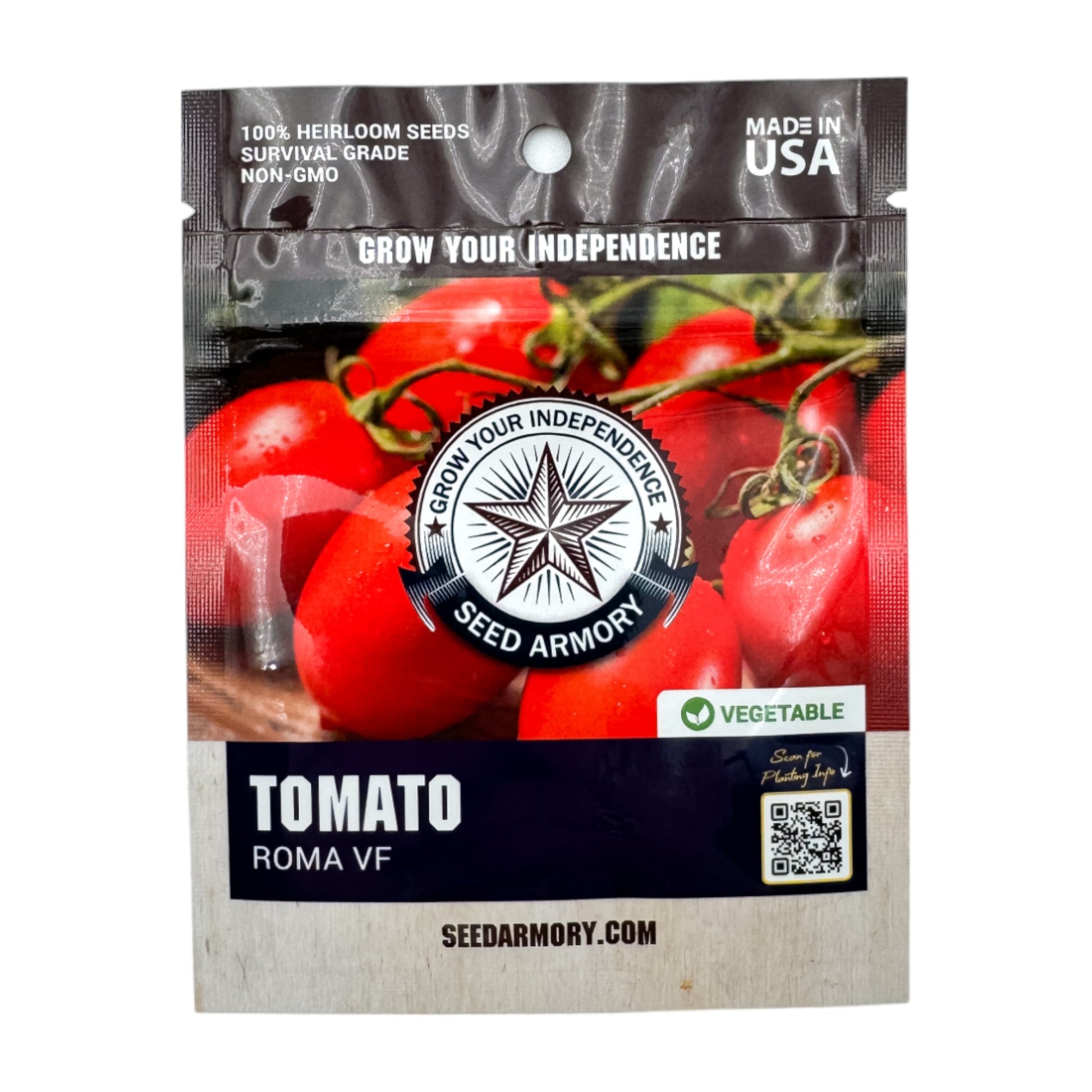 Front view of Roma VF tomato heirloom seeds in mylar packet