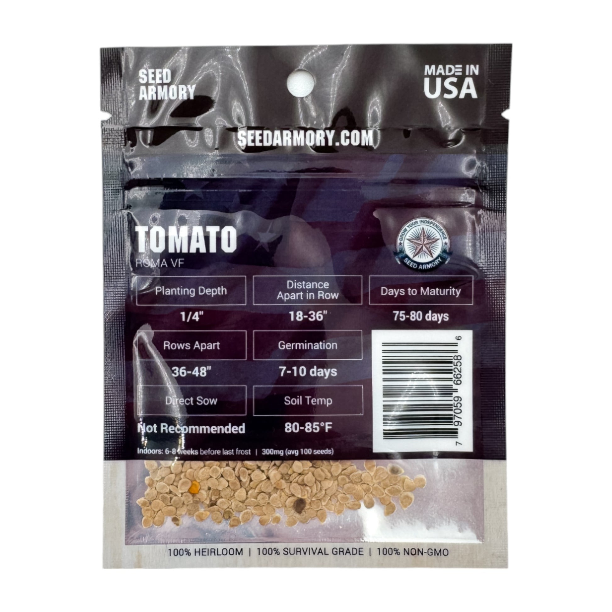 Reverse view of Roma VF tomato heirloom seeds in a mylar package with planting instructions