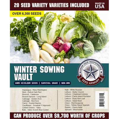 Heirloom Seed Collection label from Winter Sowing Vault featuring 20 Non-GMO Varieties