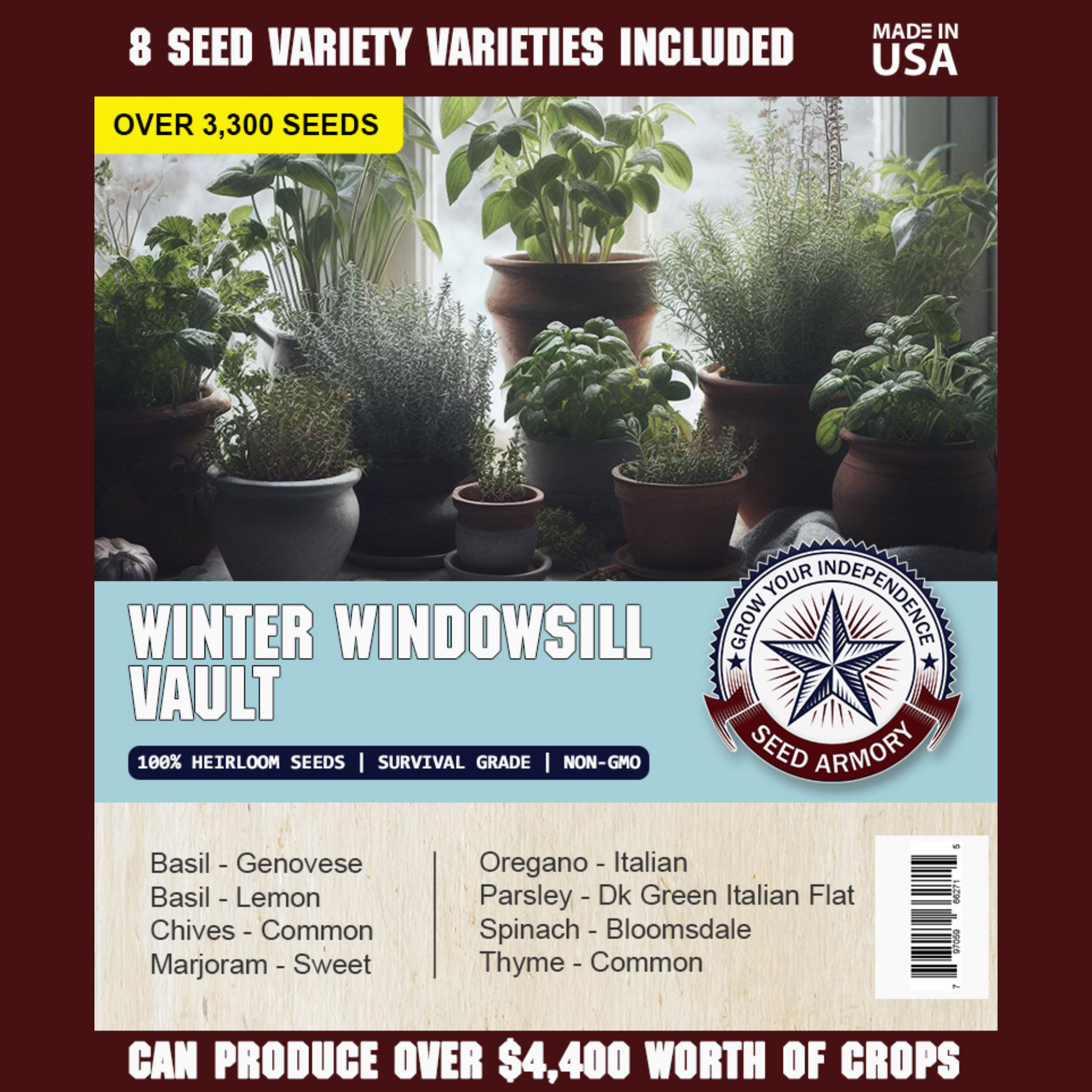 The Winter Windowsill Vault label with a selection of eight different heirloom herb seeds