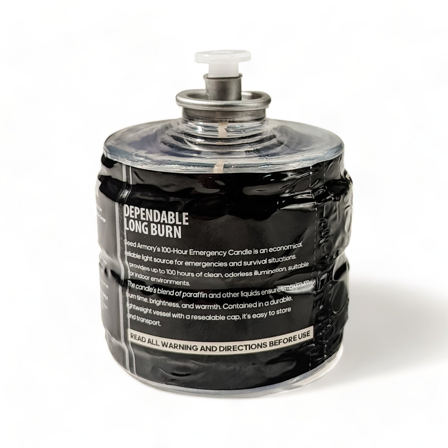 100-hour smokeless emergency candle with black lid and safety instructions