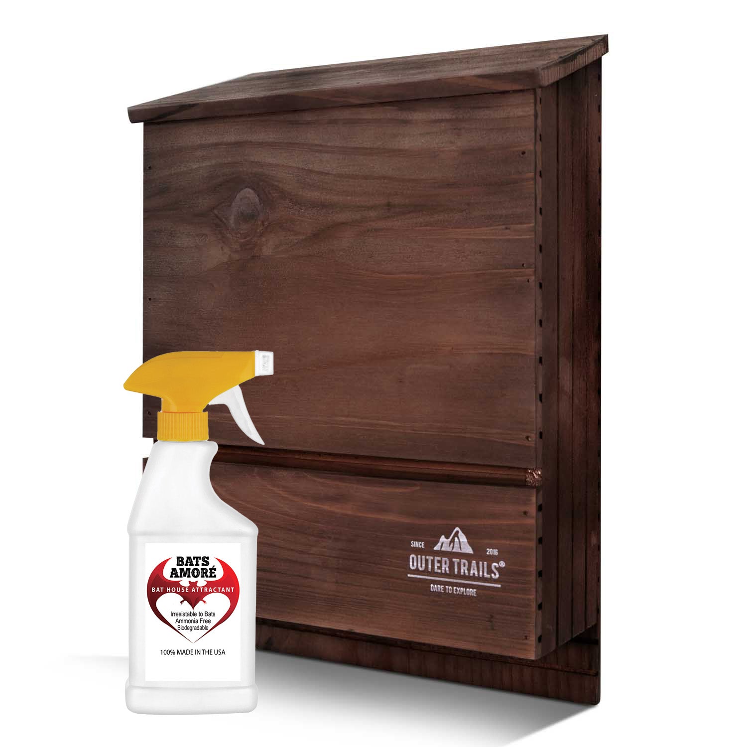 Outer Trails™ Multi Chamber Bat House displayed with Bats Amore Attractant spray