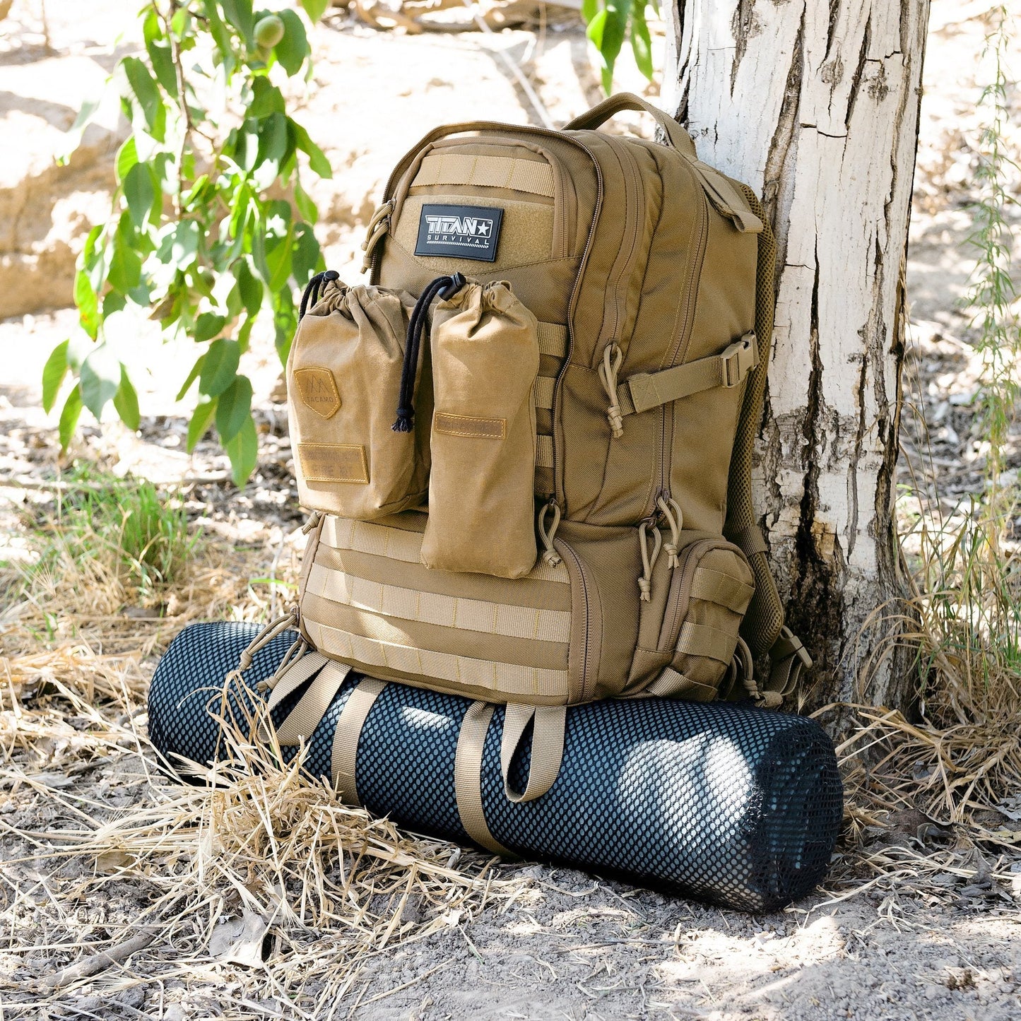 BC50 50L Tactical Backpack with a yoga mat strapped on in a natural outdoor setting