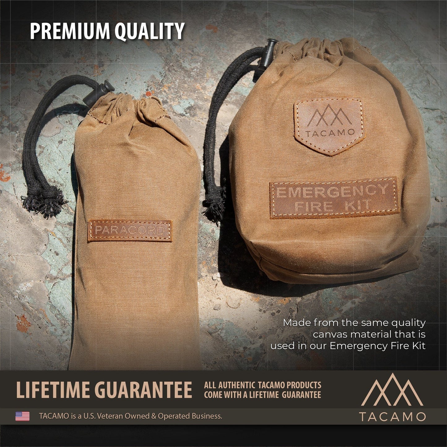 Canvas Bushcraft Bag advertised with a lifetime guarantee for the emergency fire kit