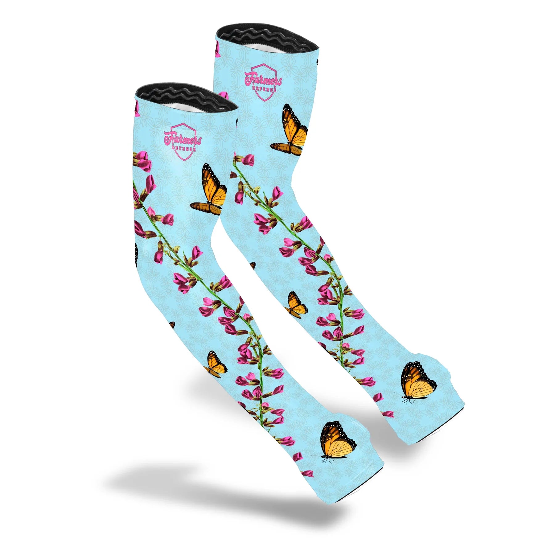 Blue gardening sleeves adorned with butterfly and flower motifs for knee protection