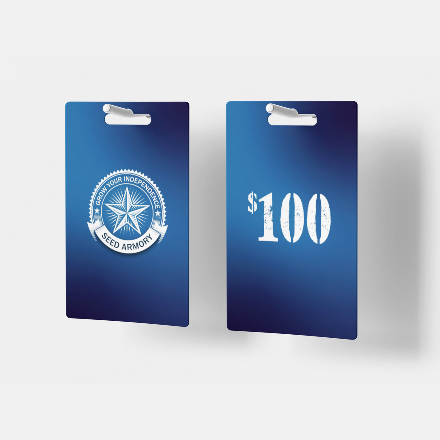 A pair of Seed Armory Gift Cards, each valued at $100, with a blue design