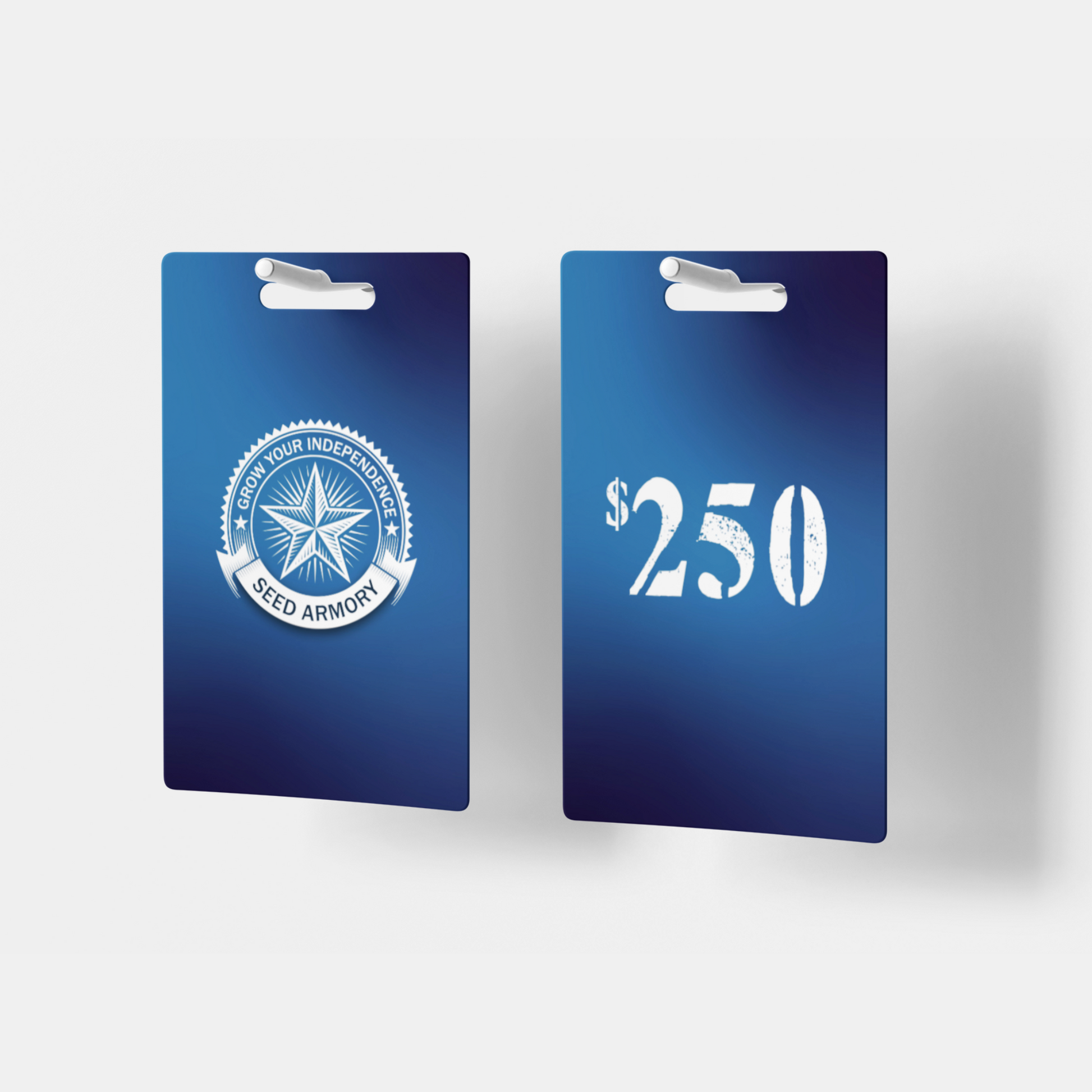 A pair of Seed Armory Gift Cards, each valued at $250, with a blue design