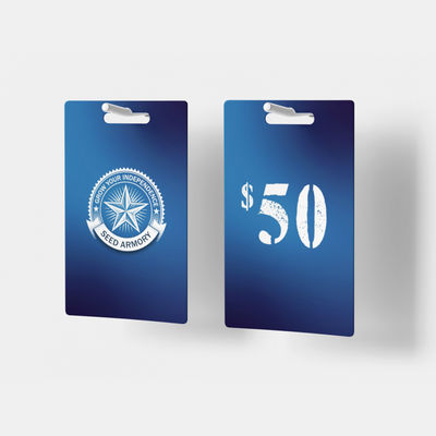 A pair of Seed Armory Gift Cards, each valued at $50, with a blue design