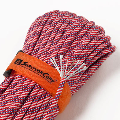 Detail of ACU old glory SurvivorCord with cord construction exposed and visible identification tags
