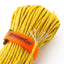 Detail of ACU reflective-yellow SurvivorCord with cord construction exposed and visible identification tags