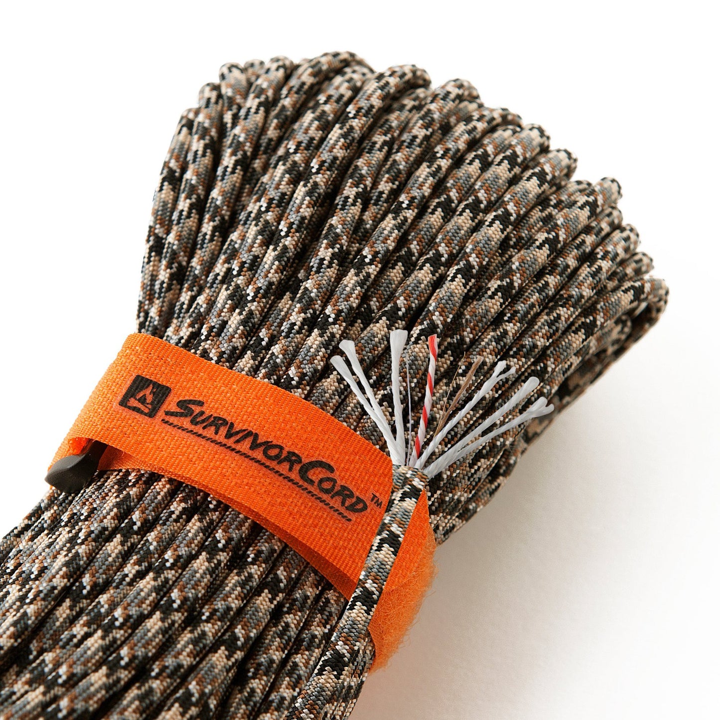 Detail of ACU snakeskin SurvivorCord with cord construction exposed and visible identification tags