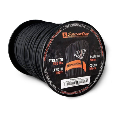 A spool of black SurvivorCord with visible text indicating durability and length