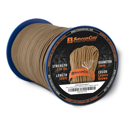 A spool of coyote brown SurvivorCord with visible text indicating durability and length