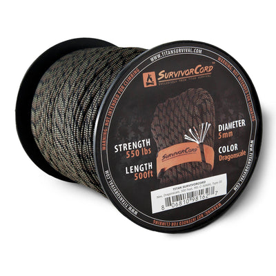 A spool of dragonscale SurvivorCord with visible text indicating durability and length
