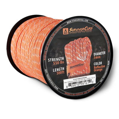 A spool of reflective-orange SurvivorCord with visible text indicating durability and length