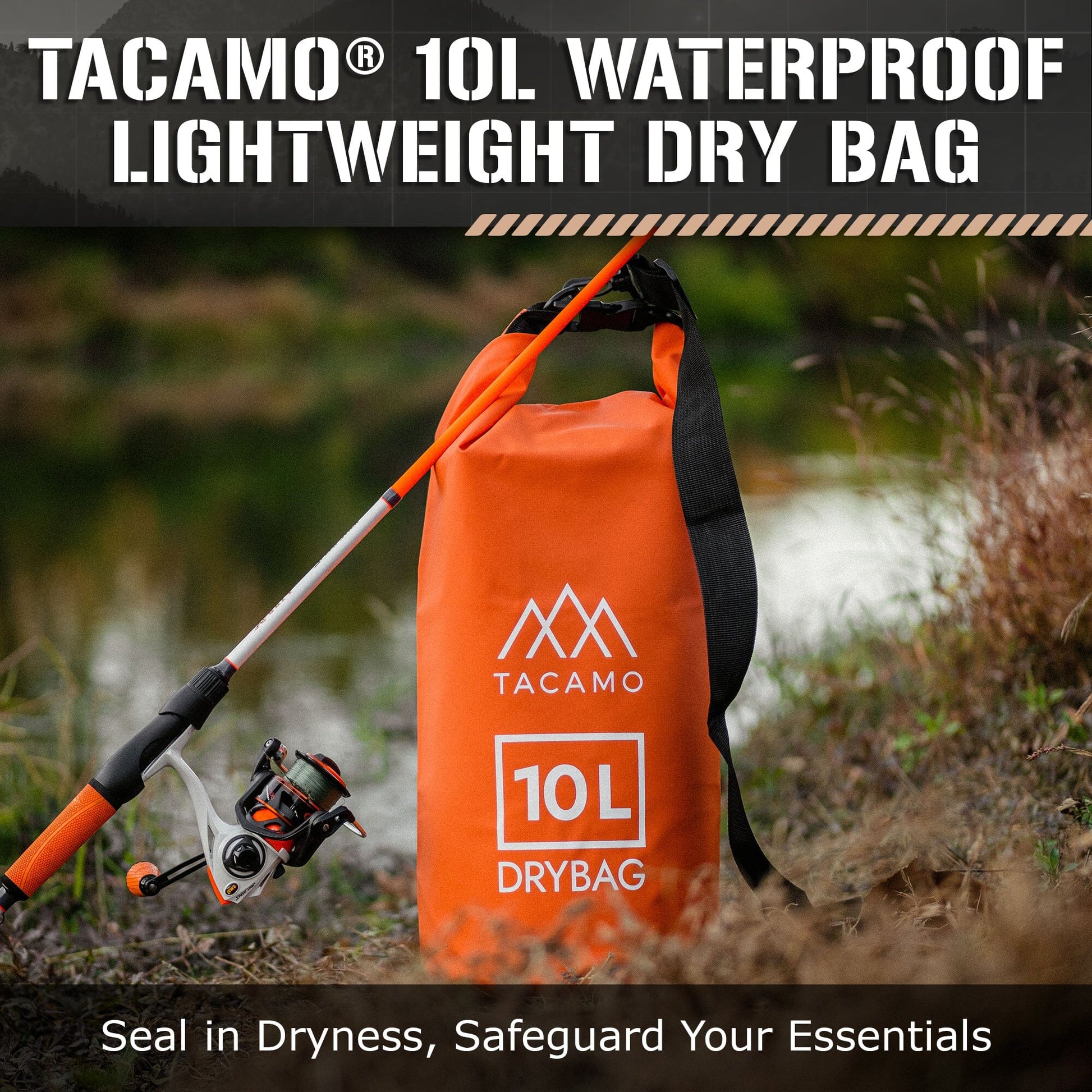 TACAMO 10-liter waterproof and lightweight dry bag with fishing pole leaned against it